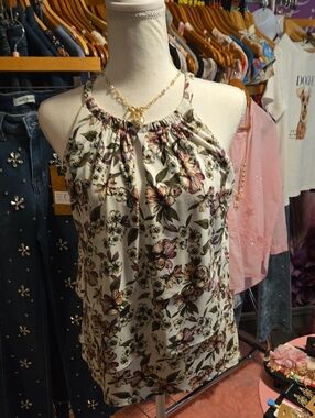 White House Black Market Cream Floral Halter Top